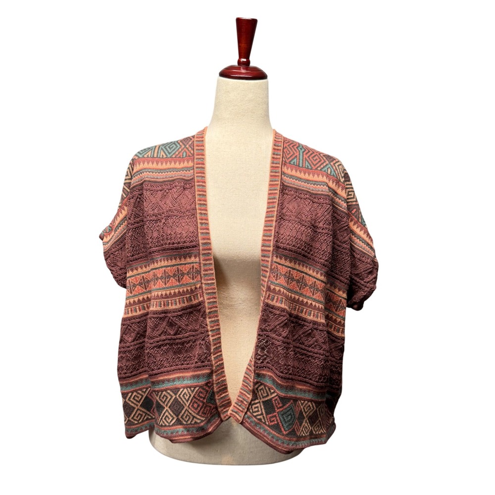 Peruvian‎ Connection Cardigan Open Front Knit Boho Geometric M/L Pima Cotton
